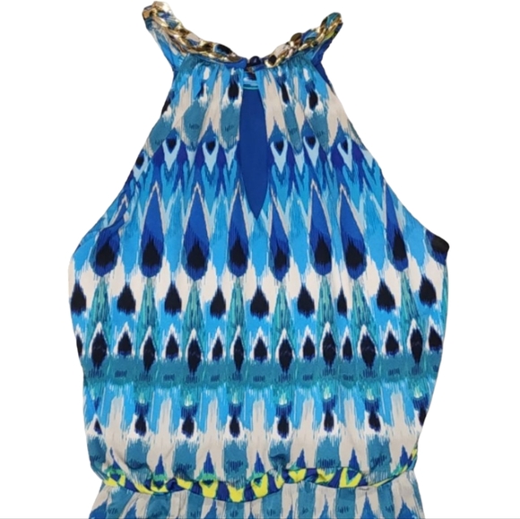 NEW Dress Barn Blue Patterned Maxi Dress w/Gold Chain Accent Collar Size: 6 - Picture 9 of 9
